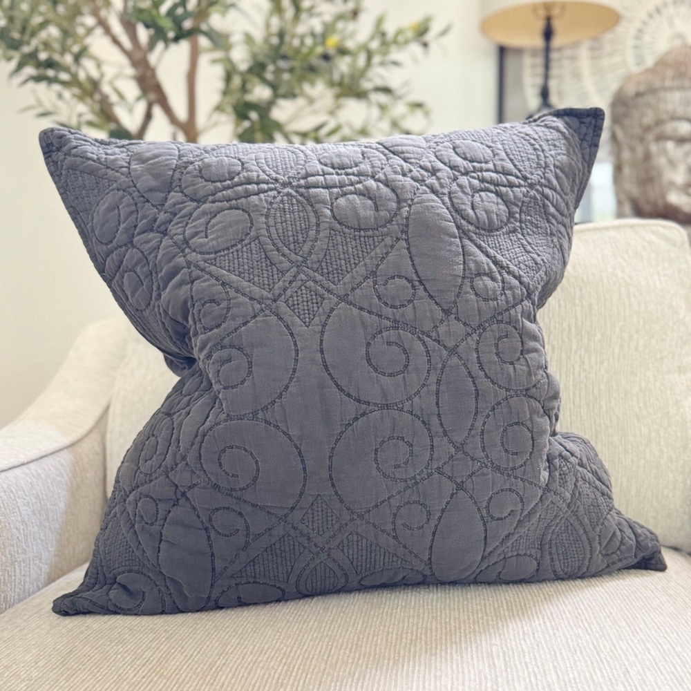 Pottery Barn Embroidered Quilted Decorative Sham Pillow - Charcoal Gray